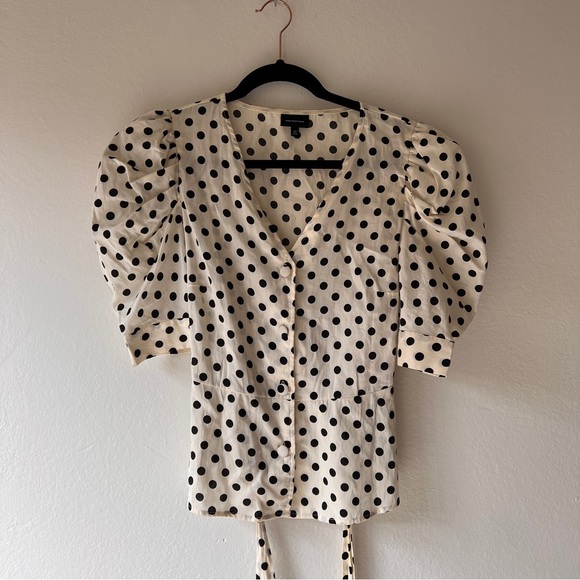 Like New Who What Wear Cream Polka Dot Tie Blouse, Puff Sleeves, size: M - Picture 3 of 8